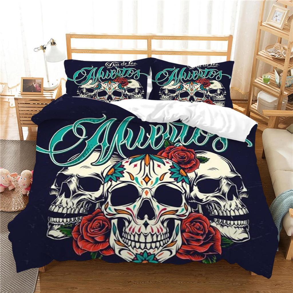 Design-Bettbezug-Set, 3D-Schädel-Druck, Bettwäsche-Set, cooler Bettbezug, Polyester-Bettbezug, King-Size-Queen-Size-Bettwäsche
