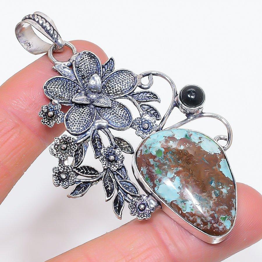

Natural Tibetan Turquoise, Onyx 925 Sterling Silver Jewelry Pendant 2.96 F7q33