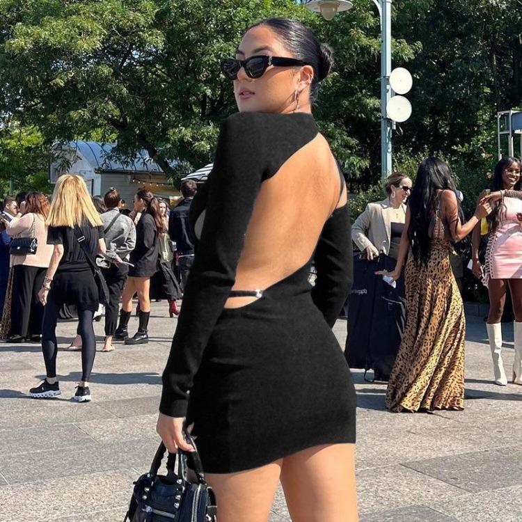 Elegante Vestido Midi Sexy sin Espalda con Aberturas de Manga Larga para Fiesta Club para Primavera Verano Caluroso