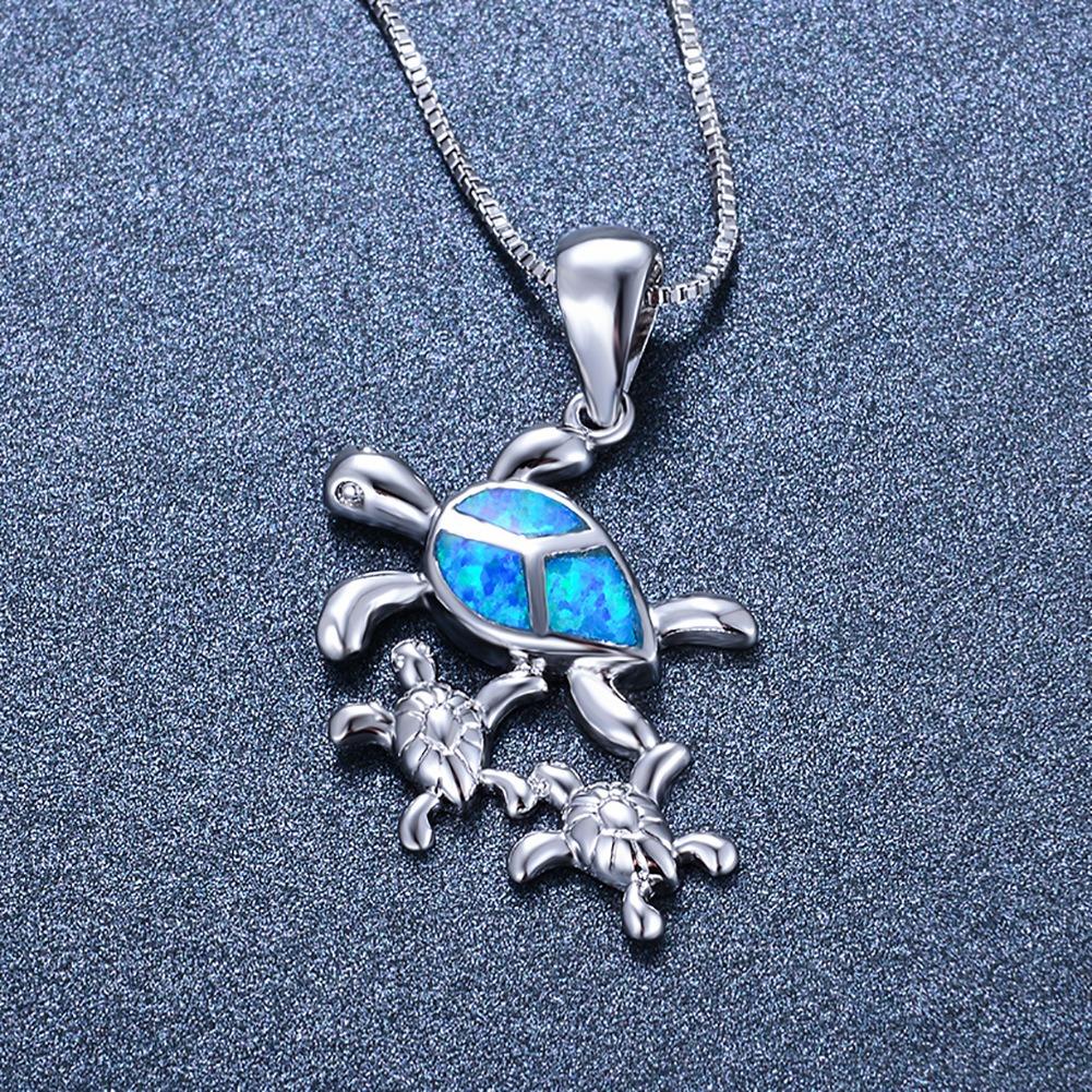 Boho Fashion Cute Sea Turtle Family Pendant Necklace for Women Girl Inlay Imitation Blue Opal Necklace Wedding Party Jewelry
