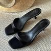 Sheepskin version~ Temperament high-heeled cool slippers wear one-word square head open-toed minimalist style fine-heeled sandals women