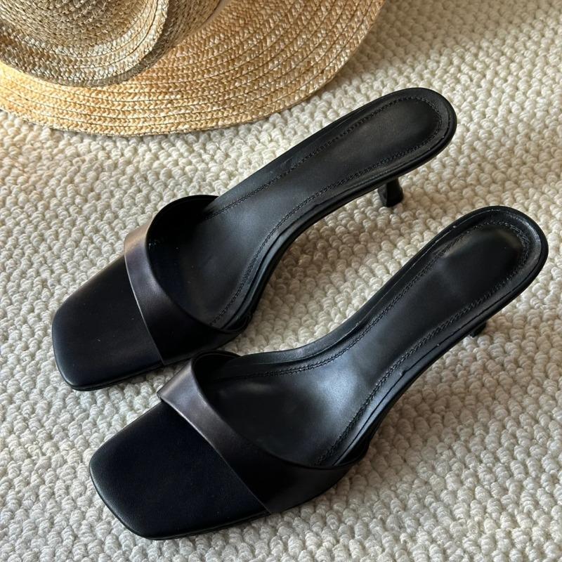 Sheepskin version~ Temperament high-heeled cool slippers wear one-word square head open-toed minimalist style fine-heeled sandals women