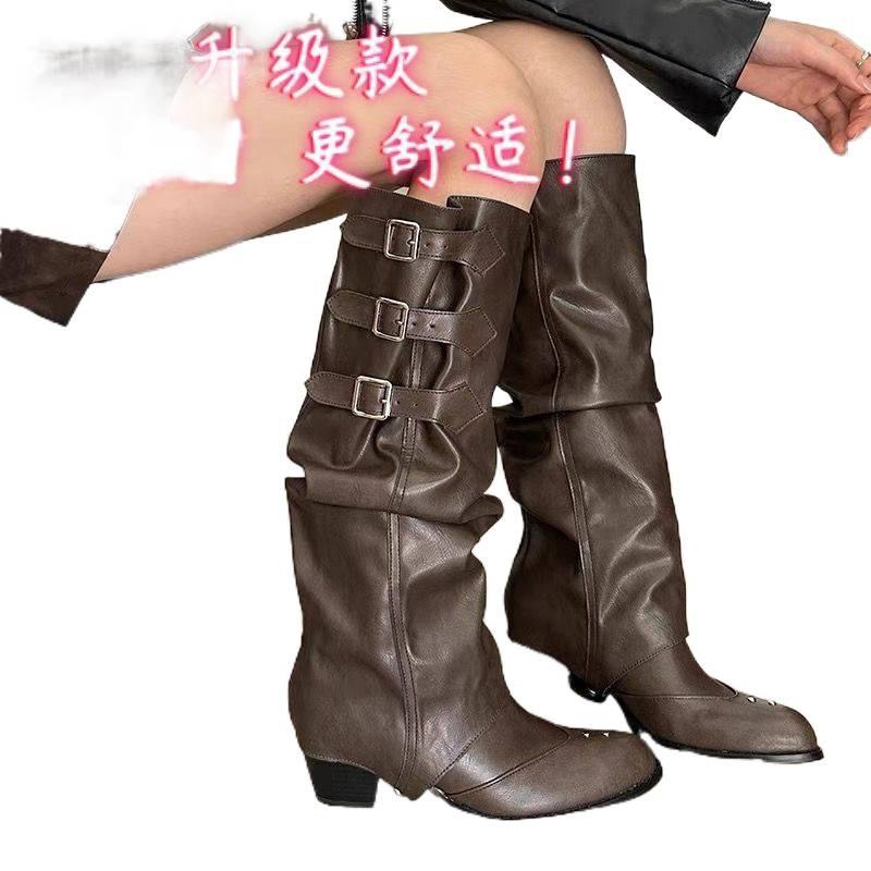 Western Cowboy Boots Pleated Pile Long Knight Boots Female Punk Style Pointed Trouser Boots Two Wear Belt Buckle Boots