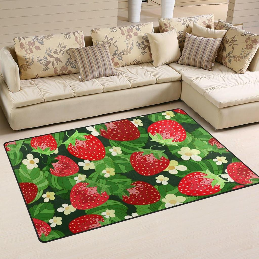 Pink Strawberry Area Rug Kawaii Fruit Print Rugs Mat for Living Room Bedroom Decorative Cute Carpet Non Slip Area Runner Rug