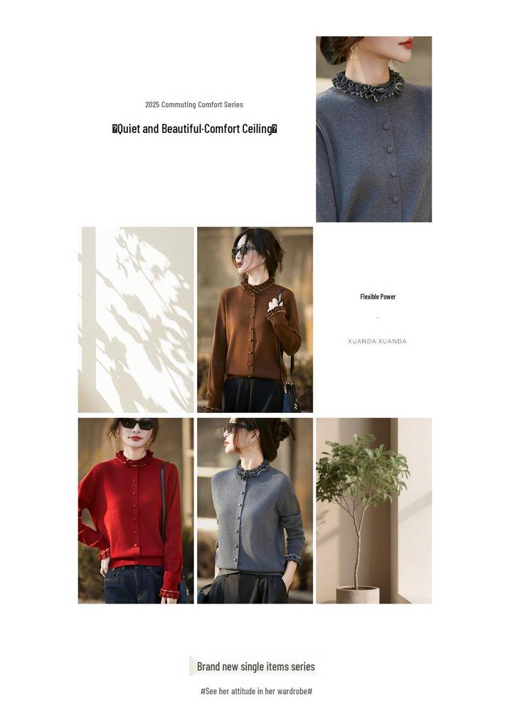 French Wool Knit Cardigan with Faux Two-Piece Design - Women's Autumn/Winter Outerwear Sweater