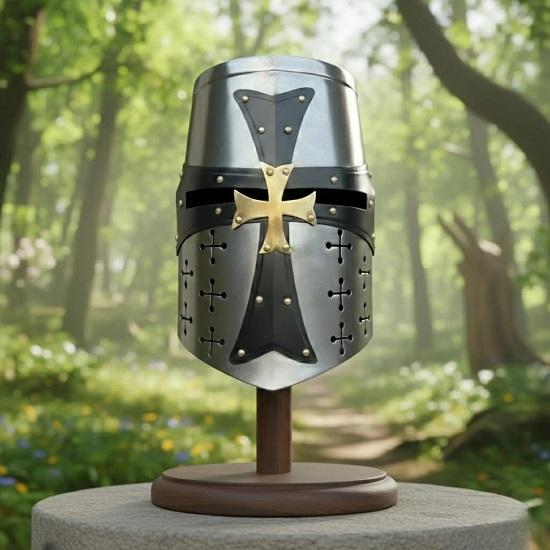 Medieval Templar Crusader Helmet, Silver Steel Knight Helmet with Brass Cross for Cosplay Collection