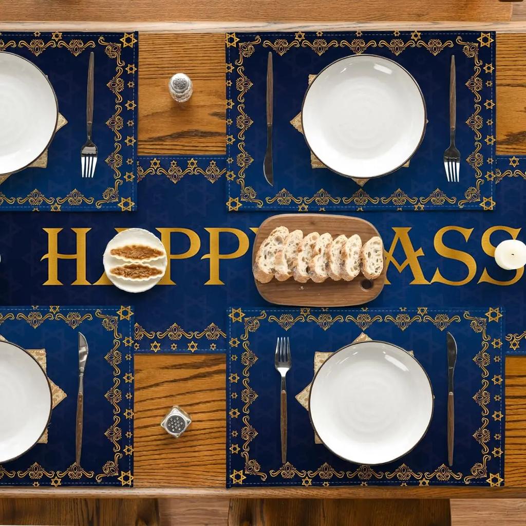 4PCs Happy Passover Linen Placemats Kitchen Dining Table Decor Pesach Star of David Table  Mats for Jewish Party Decorations