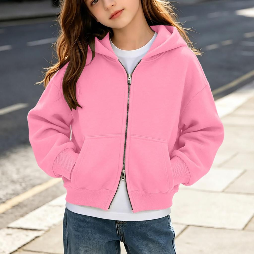 Girls Hooded Zip Up Long Sleeve Sweatshirt Color Casual Top for School and Daily Wear