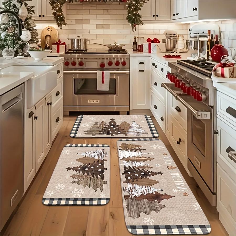 Christmas Linen Texture Wooden Xmas Tree Snowflake Kitchen Rug Set Non Slip Washable Floor Mat Indoor Holiday Decor