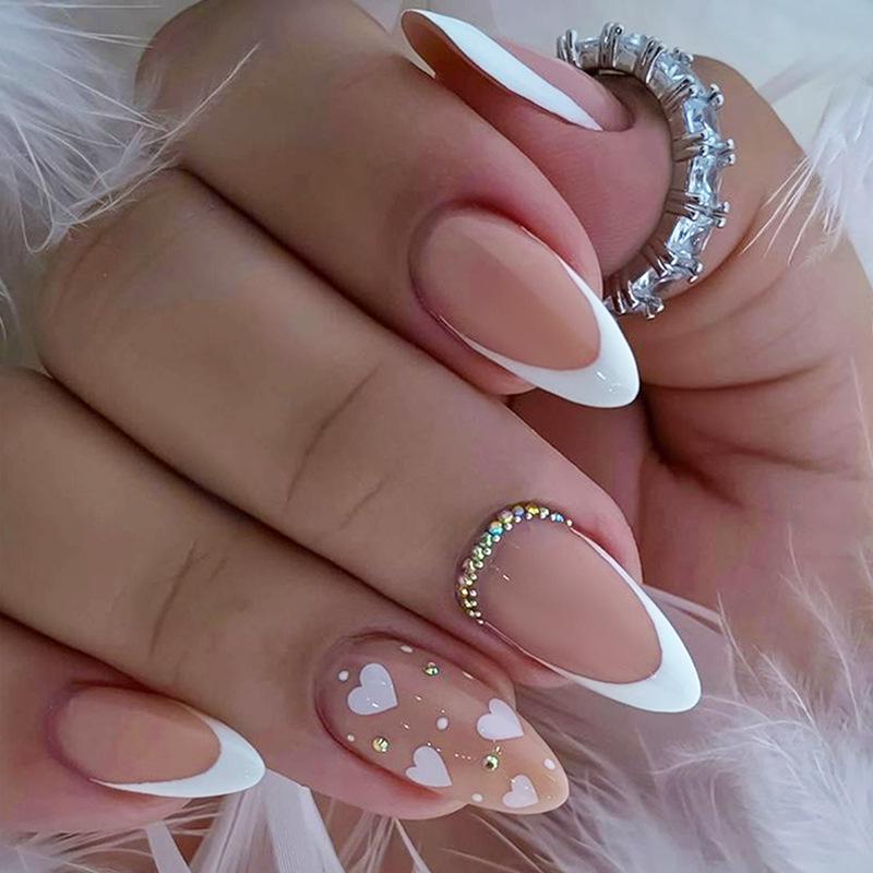

2024 Valentine s Day Handmade Almond Rhinestone Heart Nail Art