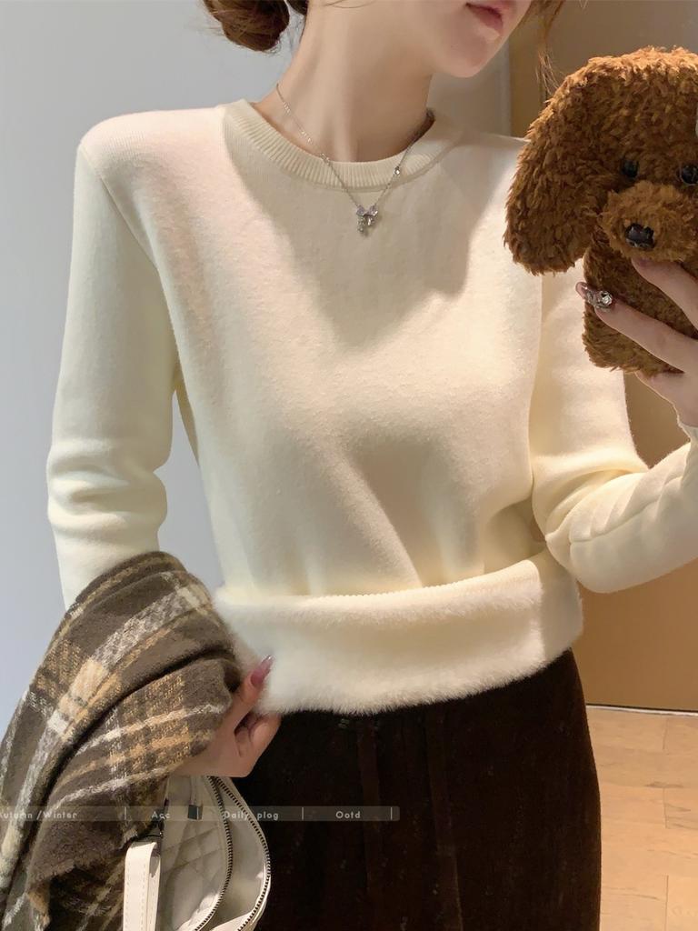 One-piece Fleece Thickened Warm Knitted Sweater Soft Waxy Sweater Women's Autumn and Winter Bottoming Shirt Front Shoulder Inner Top Long Sleeve