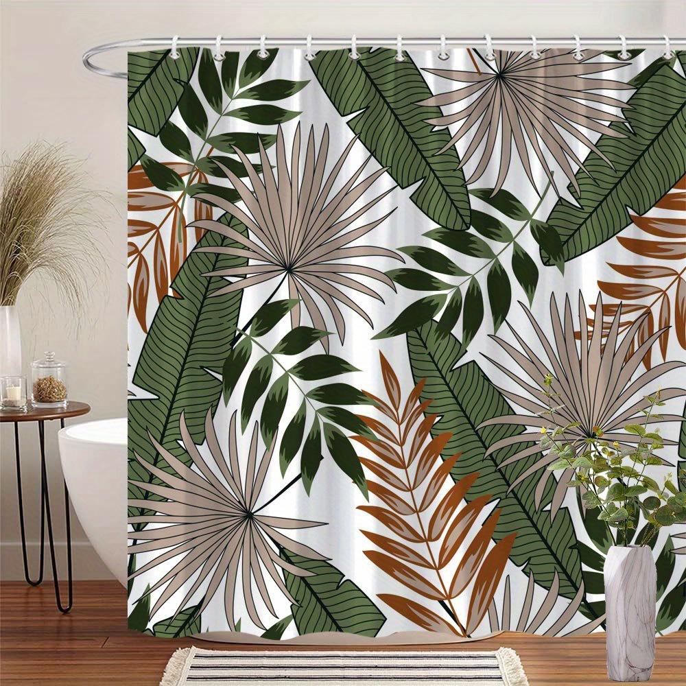 1 Tropical Leaves Pattern Shower Curtain, Modern and Simple Design, Green Beige Brown Texture Polyester Fabric, Machine Washable