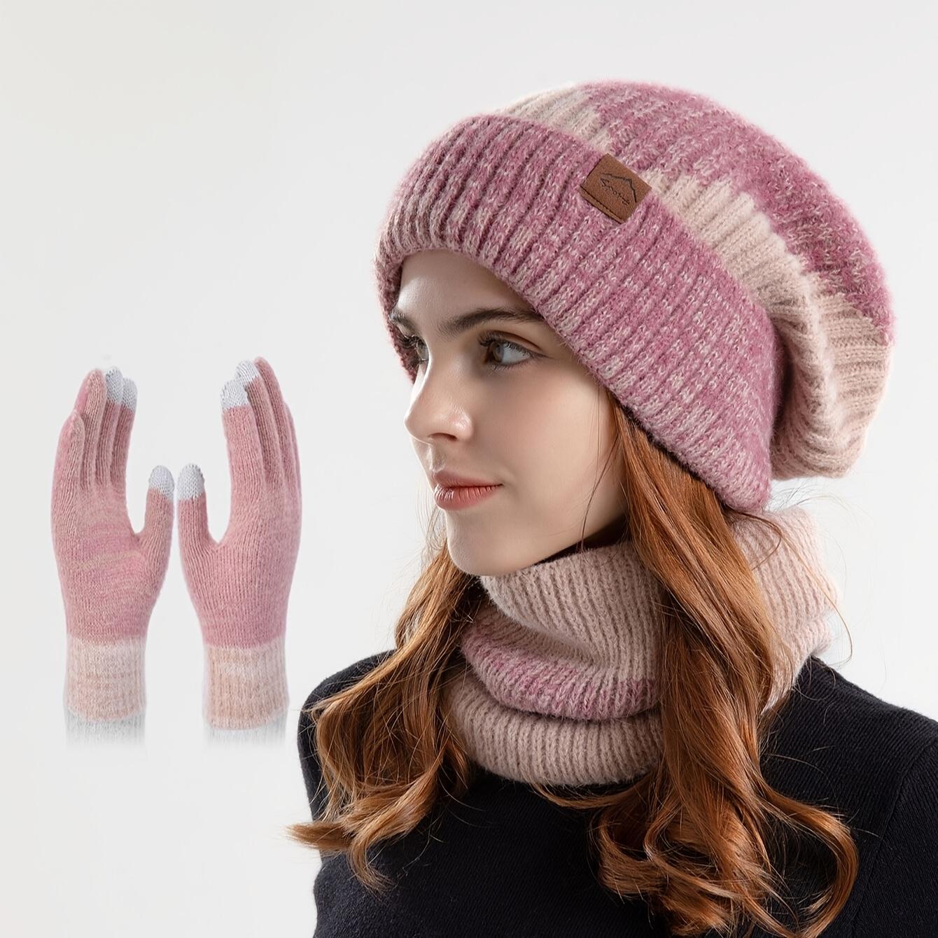 

высокое качествоXin Bao Guan Женский зимний теплый комплект шапка и шарф с флисовой подкладкой - Двусторонний дизайн в стиле колор-блок, Толстая утепленная защита ушей, Pink Three-piece Suit