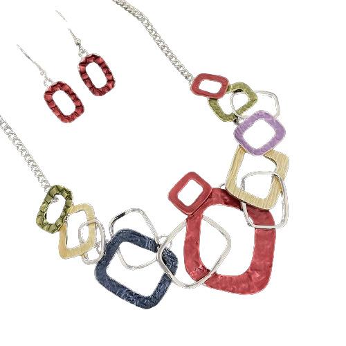 Luxury Hot-selling Color Painting Oil Geometric Hollow Square Stud Earrings Item Set Exaggerated Personality Women's Versatile Necklace
