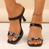 Fashion Rhinestone Strap Butterfly Design Sense Square Toe Open Toe High Heels Women's Thin Heel Cool Mopping Summer New Comfortable