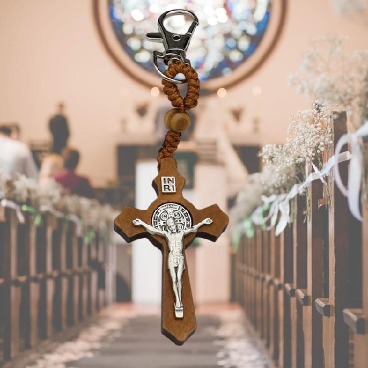 Wooden Crosses Keychain Christian Faith Metal Keyring Bag Charm Accessory Key Holder Pendant Ornament Religious Gift