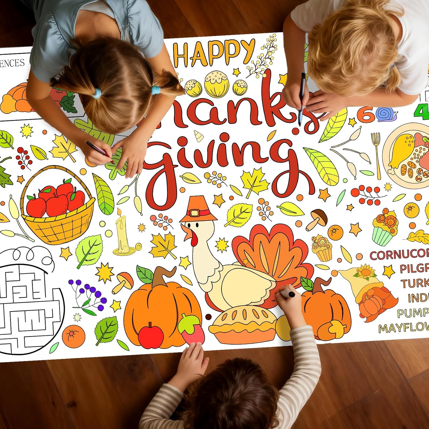 Thanksgiving Giant Coloring Poster, Paper Fall Turkey Themed Tablecloth for Party, Family Activities Games Crafts Gifts Decorations, 30 x 72 Inches Happy Thanksgiving-1