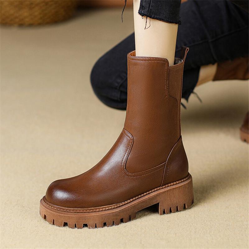Mode Neue Winter Echtleder Damenstiefel Schuhe für Damen Wollstiefel Hohe Absätze Stiefeletten Damen Plateauschuhe Chelsea Schneestiefel