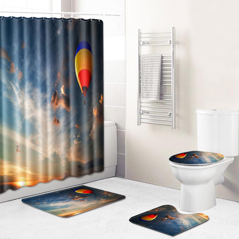 Landscape Shower Curtain Floor Mat Combination Four-Piece Set Bathroom Toilet Carpet Shower Room Mat Foot Mat