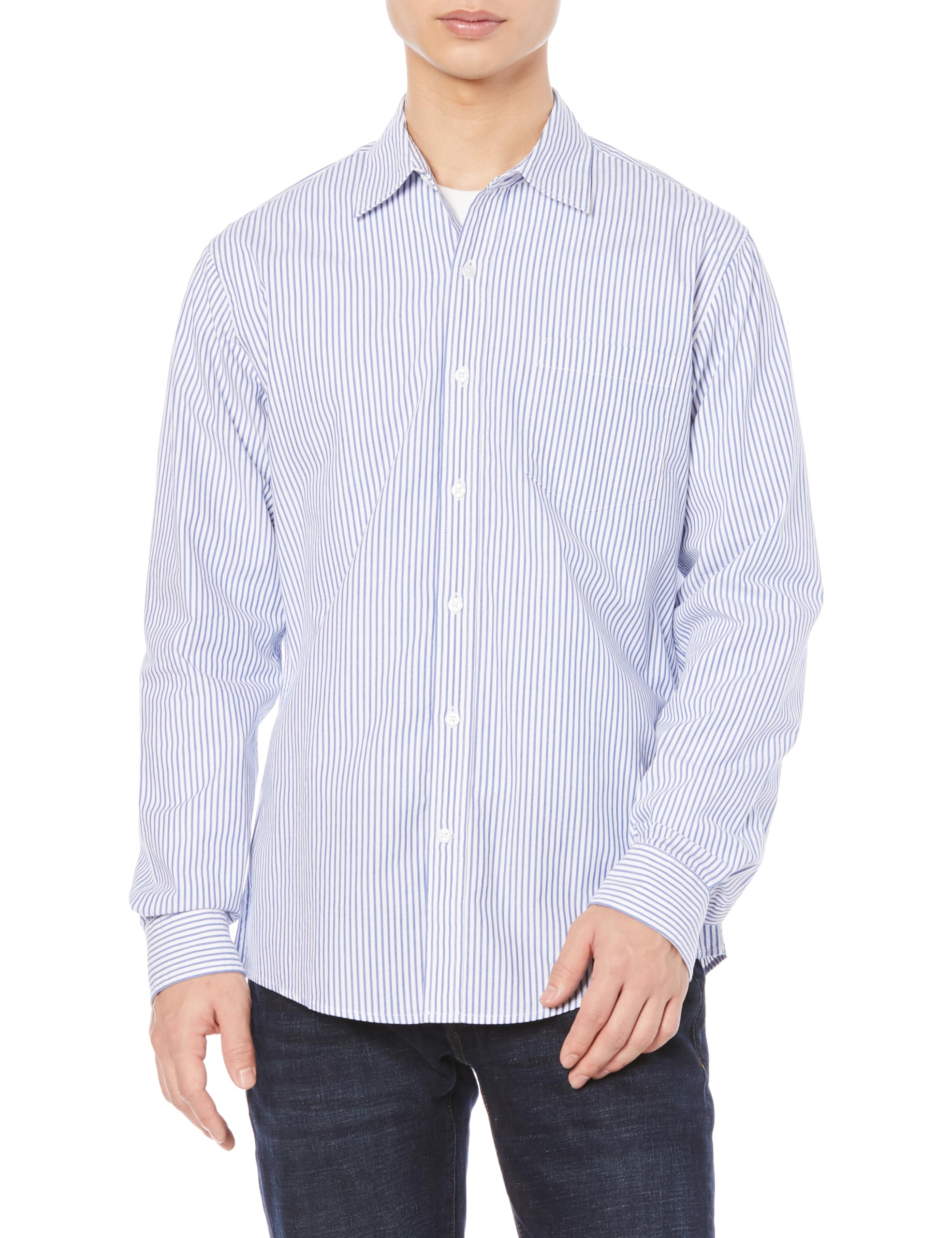 

Amazon Essentials Men s Slim Fit Long Sleeve Poplin Shirt, Blue and White, Vertical Stripes, Size M