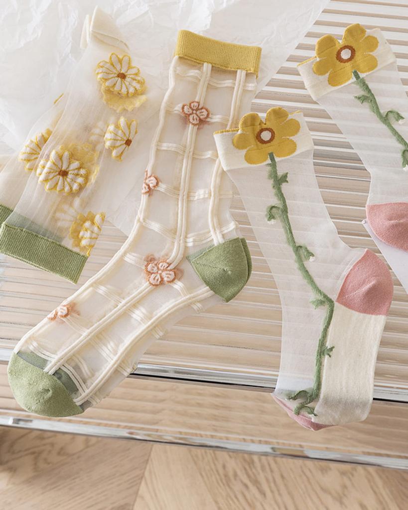 Crew Cute Floral Cotton Sizes Y Women's Socks, 5-Pair Set, Print, Odor-Resistant, Sweat-Wicking, Medium-Thick Socks, Breathable, Stylish, 22-25cm,