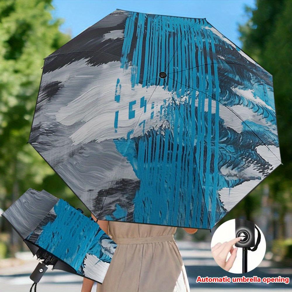 

1pc Automatic Folding Umbrella with & Blue-Gray Wave Canopy - Automatic Open/Close, 8-Rib Reinforced Frame, Compact Portable f (as the picture,Iron&8K)