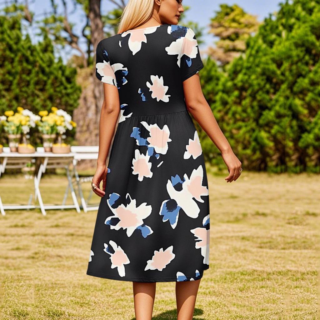 Damenmode Sommer Rundhals Kurzarm Blumendruck Strandkleider
