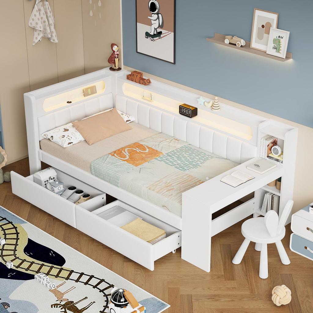 Kinderbett 90x200 Einzelbett: LED-Ablage, Schreibtisch, USB, 2 Schubladen, gepolstertes Kopfteil, Lattenrost, Weiß (Ohne Matratze)