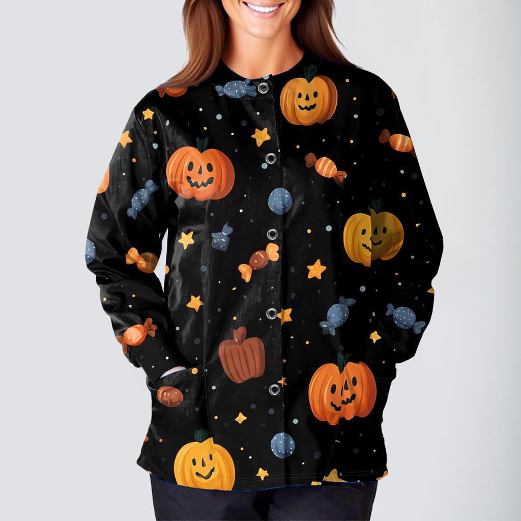 Women's Casual Fashion Long Sleeve Standing Collar Single Breasted Halloween Printed Workwear Jacket Tops