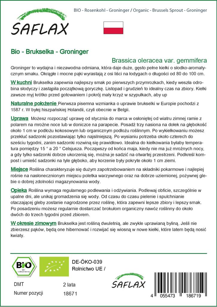 SAFLAX Garden In the Bag - Organic - Brussels Sprout - Groninger - 30 Seeds - With Substrate In a Fitting Stand Up Bag - Brassica Oleracea