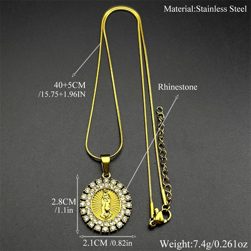 Luxury Rhinestones Virgin Mary Necklace for Women Men Stainless Steel Gold Color Catholic Guadalupe Chain Necklace Jewelry Gift
