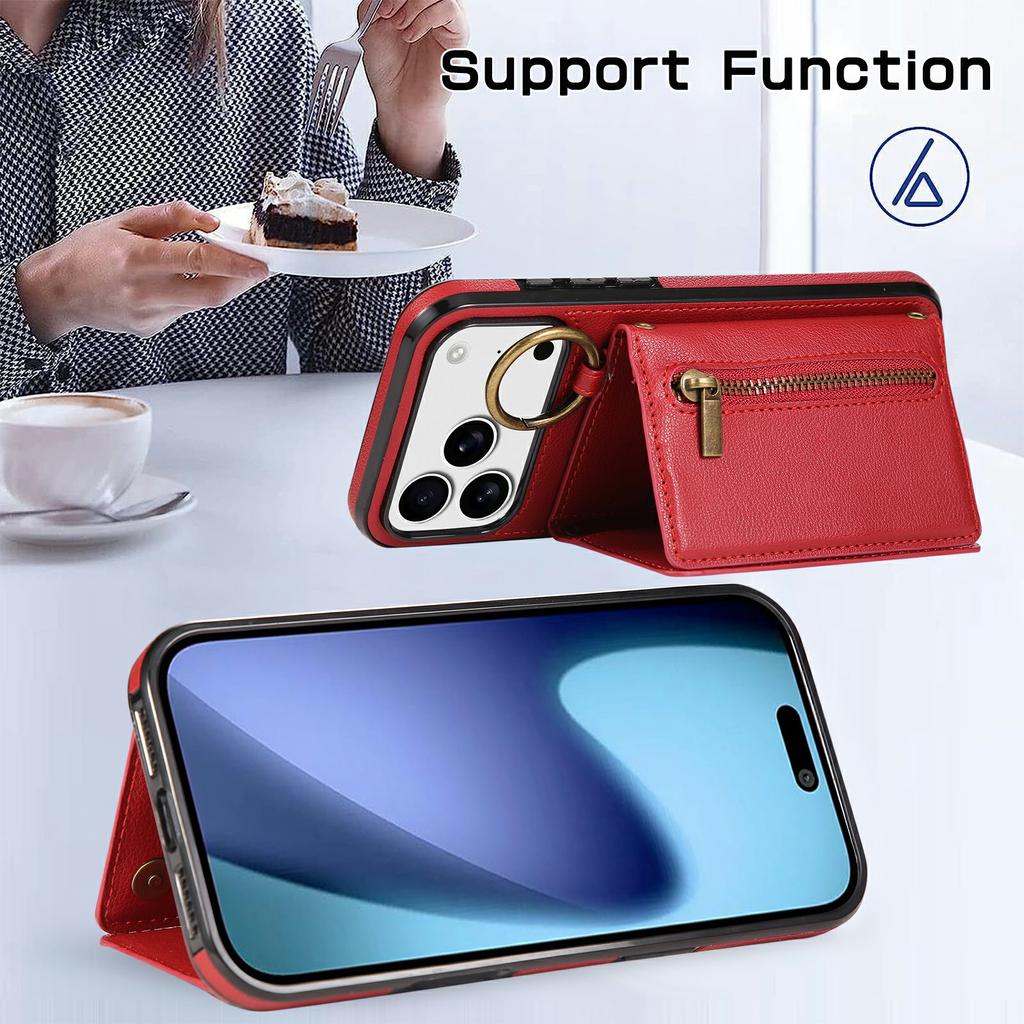 For iPhone 17 Pro Leather Back Cover Zipper Wallet Kickstand Phone Case with Shoulder Strap