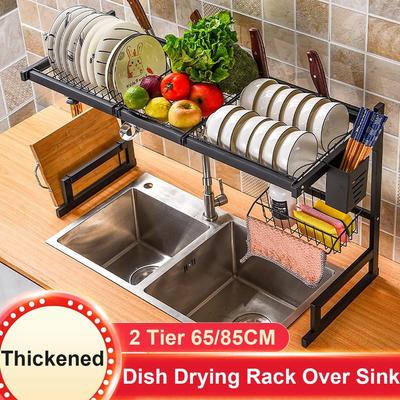 65/85CM 2 Tier Kitchen Dish Drying Rack Over Sink Stainless Steel Dish Drainer Organizer Drying Rack