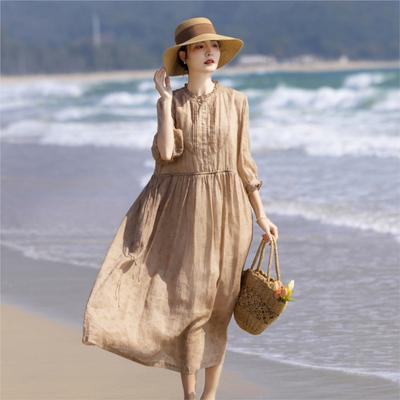 Woman Summer Ruffled Sleeves Chinese Style A-Line Dress Fashion Vintage Three Quarter Loose Dress