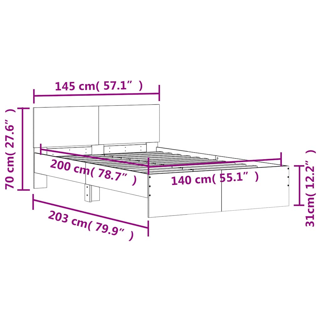 Bed Frame with LED Backlit Headboard Sonoma Oak Finish 140x200 cm