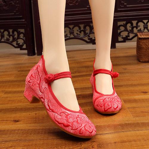 Flower Embroidered Women Low Block Heel Canvas Pumps Ankle Strap Elegant Ladies Comfort Chinese Cheongsam Cotton Shoes Mujer