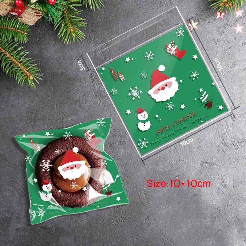 100pcs Christmas Cookie Candy Bags Self Adhesive Gift Packaging Biscuit Snack Bag New Year 2024 Noel Navidad Xmas Party Decor