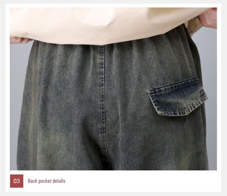 Pantaloni de damă retro brodați cu picior larg din denim cu șnur, talie înaltă, croi scurt pentru vara 2024