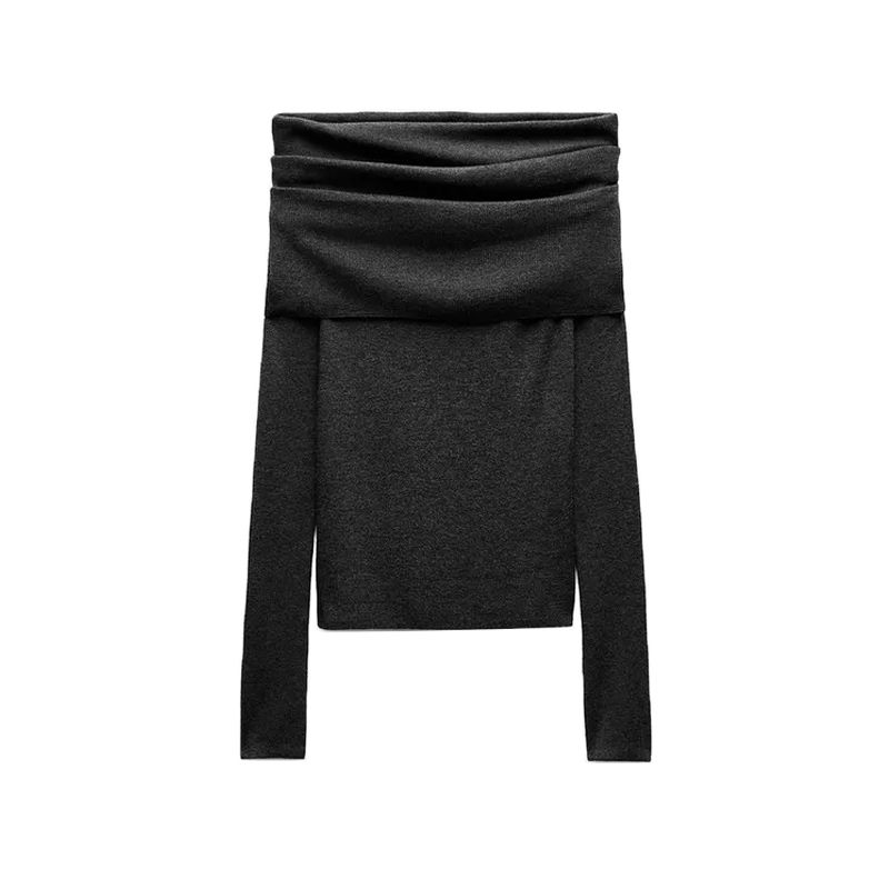 And Winter New Women's Clothing Common Style off-the-Shoulder Straight Collar Long Sleeves Easiest for Match Knitting Bottoming Shirt Tops 3920174