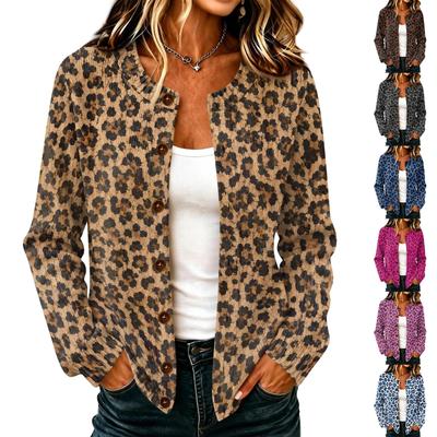 Cardigan in Maglia da Donna con Stampa Leopardo e Maniche Lunghe, Pullover Casual con Bottoni