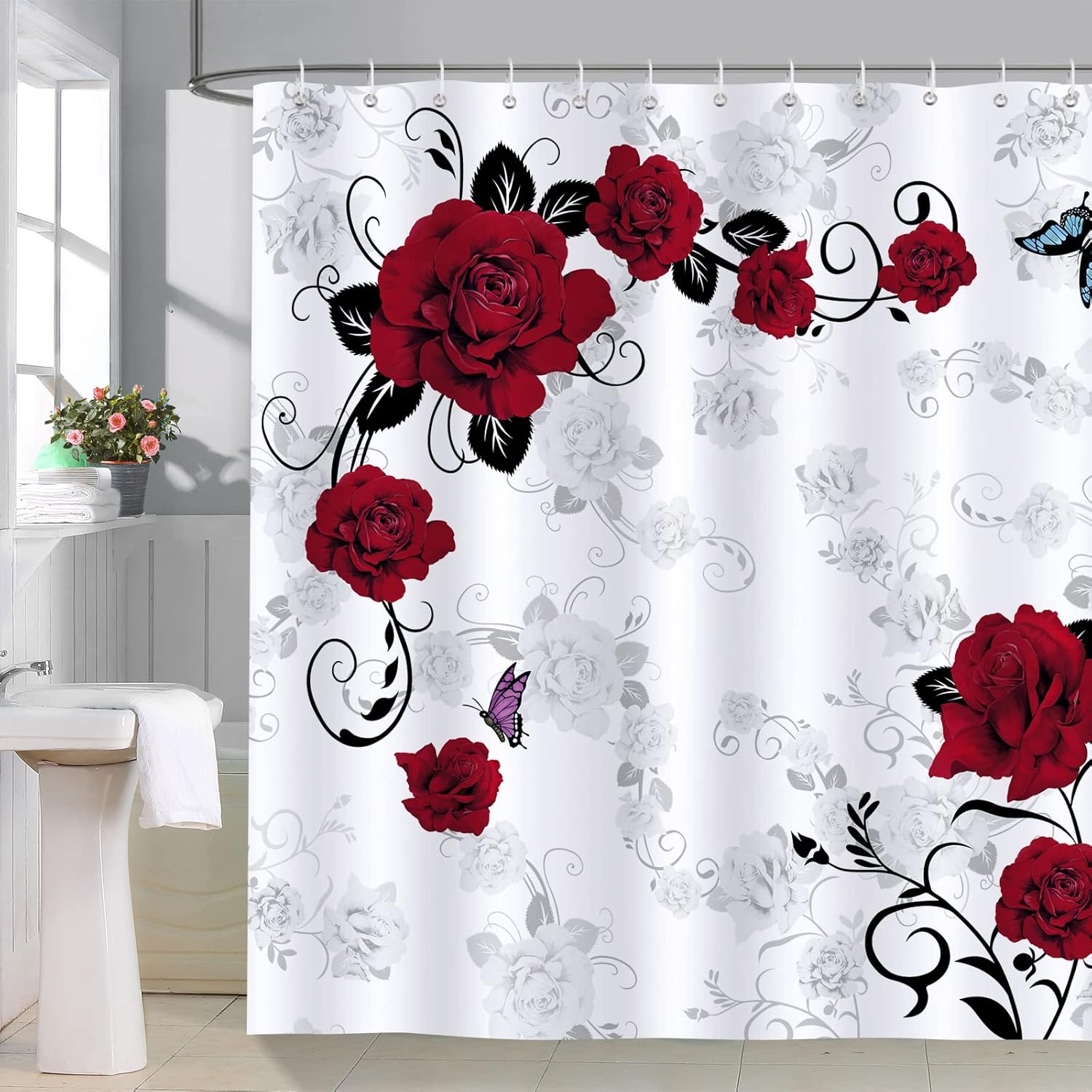 Red Rose Flower Shower Curtain Waterproof Washable Polyester Shower Curtain 180x 180cm With 12 Hooks W90xH180cm