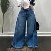 Women's Mid Rise Side Panel Flare Jeans Loose Fit Y2K Raw Hem Wide Leg Denim Trousers