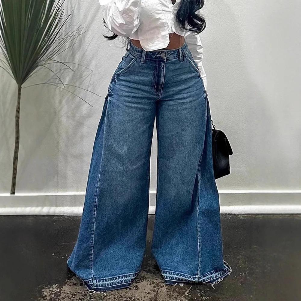 Women's Mid Rise Side Panel Flare Jeans Loose Fit Y2K Raw Hem Wide Leg Denim Trousers