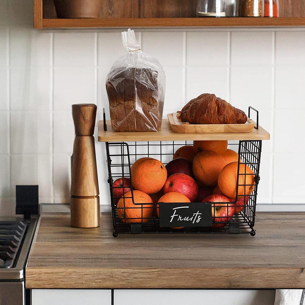 Multi-purpose Folding Iron & Bamboo Storage Rack with Double-layer Baskets for Kitchen & Living Room