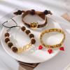 Boho Chic Love Theme Wrist Accessories-Vintage Amber Bead Stretch Bracelet&Punk Style Red Heart Metal Link Bracelet PartyJewelry