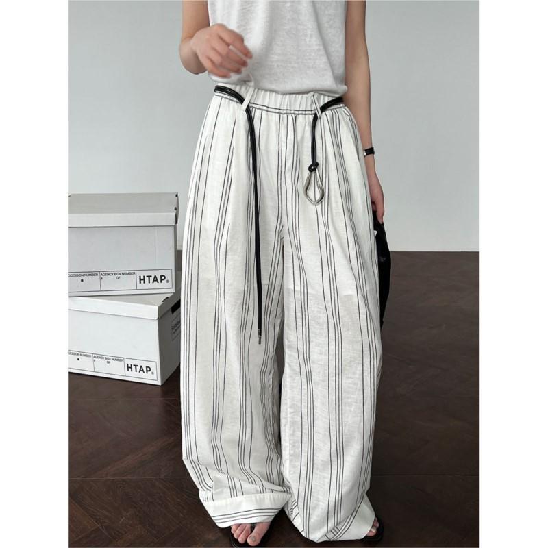 Johnature Casual Striped Elasticated Waist Pants Women Summer With Belt Lazy Wide-leg Trousers