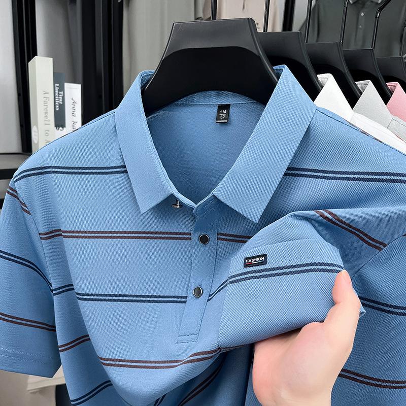Lapel Collar Striped T-Shirt Short Sleeve Summer Loose Fit Business Casual Top T-Shirtpolo