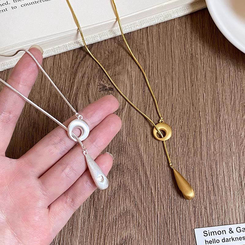 Fashion Matte Silver Color Brushed Water Droplet Pendant Necklace for Women Vintage Long Adjustable Necklace Simple Jewelry Gift