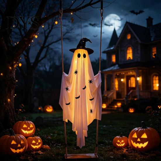 Decorazione fantasma oscillante leggera, grande altalena da appendere, decorazione di Halloween, 1,5 m, spettrale, su un decoro da giardino luminoso con cappello da strega per albero, portico, cortile