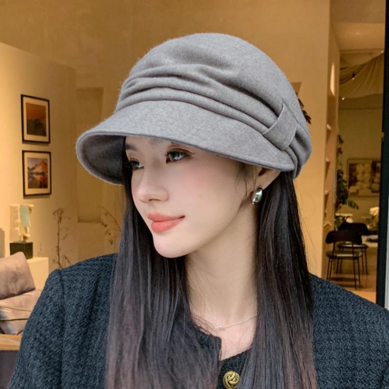 Autumn and winter gray woolen cap women's pleated stacked versatile newsboy hat spot